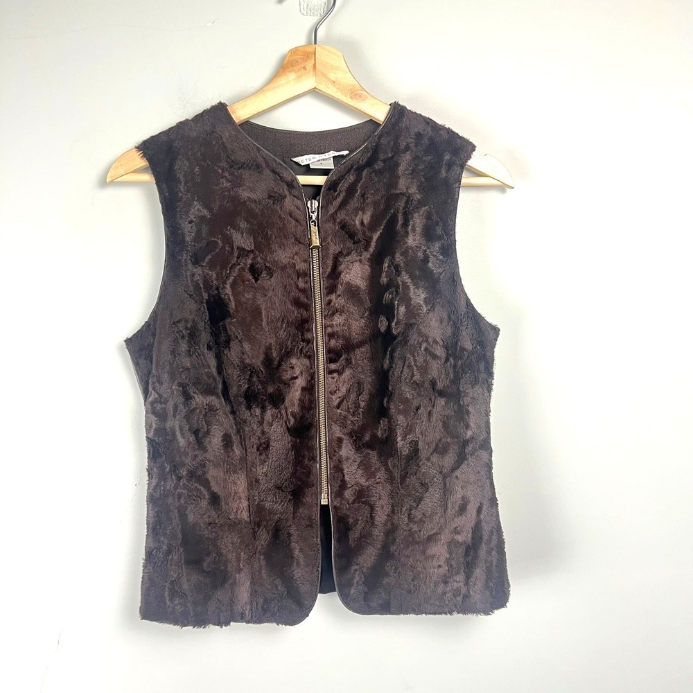 Peter Nygard Brown Faux Fur Genuine Leather Zip Front Vest Sz 4 Academia Preppy